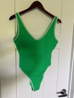 bebe Neon Green Texture Rib One Piece Swimsuit with White trim  - L Large - NWT